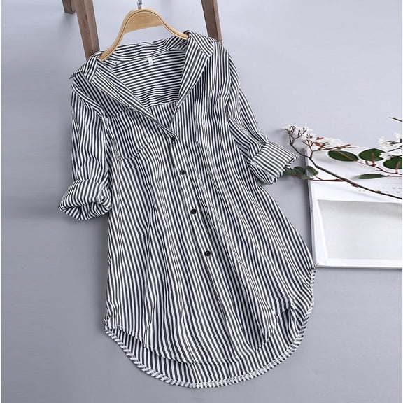 YEJIMAN Black Tank Top For Women, cotton Womens Shirts, Stripe Sleeve Shirts Turn-down Loose Long Blouse Collar Women Top Button Women's Blouse