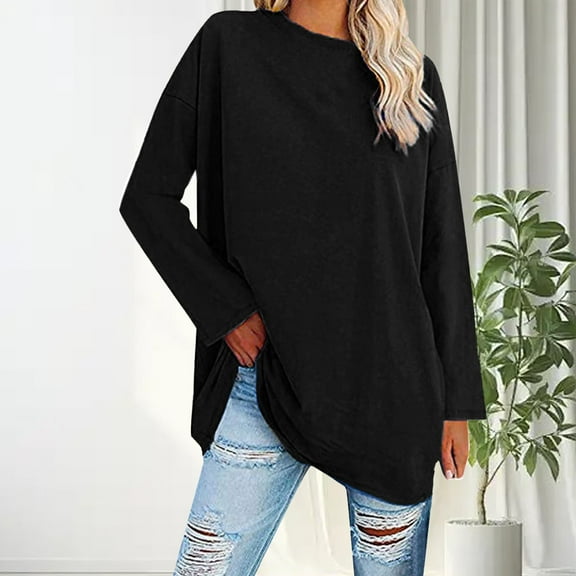 YEJIMAN Black V Neck T Shirts For Women, cotton Oversized Tshirts For Women, Women's Plus Size Top Long Sleeve Crew Neck Loose T Shirt