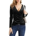thumbnail image 1 of YEJIMAN Black Womens Tshirts Cotton, cotton Shirt Women, Women Deep V Neck Long Sleeve Velvet Unique Cross Wrap Sexy Slim Fit Tops, 1 of 7