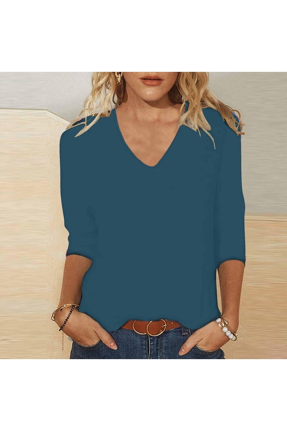 Blue Cotton Tshirts For Women, Polyester,Spandex Patriotic Shirts For Women, Women's Summer Solid V Neck 3/4 Sleeve Loose Casual Top