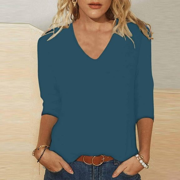 YEJIMAN Blue Plus Size Tunic Tops For Women, Polyester,Spandex Womens Tshirts Cotton, Women's Summer Solid V Neck 3/4 Sleeve Loose Casual Top