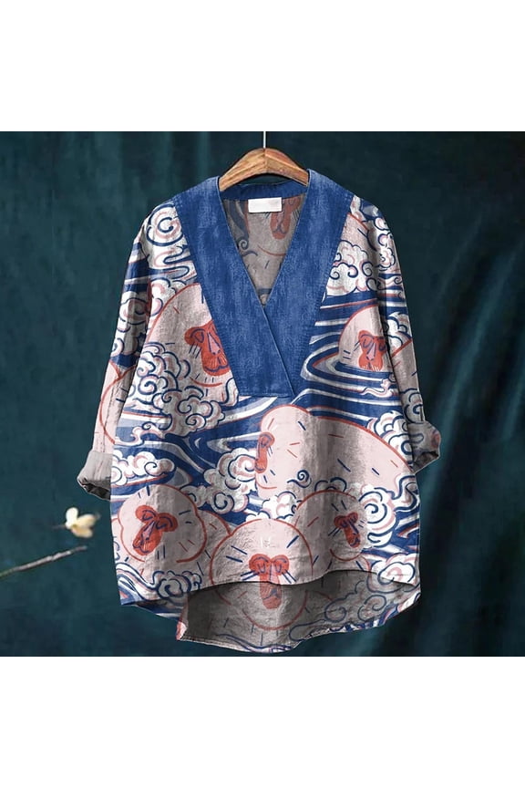 Blue Plus Size Tunic Tops For Women, Bubble wrinkles Womens Tshirts Cotton, Japanese Traditional Geometric Pattern Printed Women's Casual Cotton and Linen V Neck Shirt