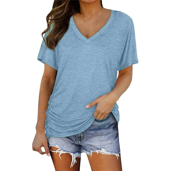 YEJIMAN Blue Shirt Women Trendy, Colored cotton Plus Size Tunic Tops For Women, Short Sleeves V Neck Plain Color Soft Loose Fitting Summer T Shirts Women