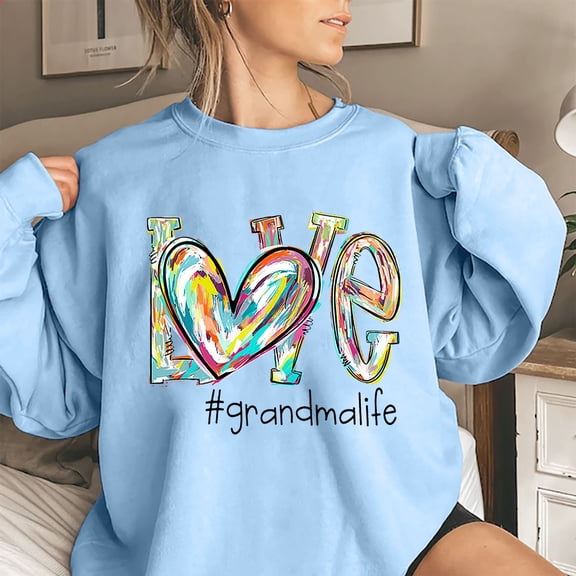 YEJIMAN Blue T-Shirts For Women, Polyester Usa Shirts For Women, Love Grandma Life Women's Letter Print Crew Neck Long Sleeve Sweatshirt