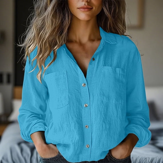 YEJIMAN Blue T-Shirts For Women, Cotton and linen Usa Shirts For Women, Women's Cotton Linen Button Down Shirt 2025 Spring Casual Long Sleeve Solid Color Shirts Loose Work Tops with Pockets