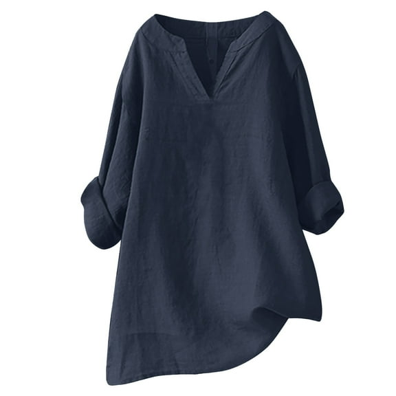YEJIMAN Blue Tank Top For Women, Polyester,cotton Womens Shirts, Women's Solid Color Stand up Collar Cotton Linen Long Sleeved Shirt