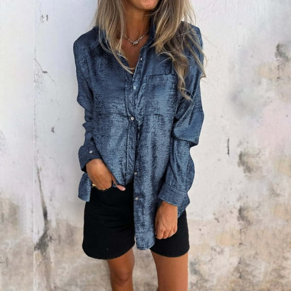 YEJIMAN Blue Tank Top For Women, Polyester,Spandex Womens Shirts, Women's Satin Silk Blouse Lapel V Neck Long Sleeve Casual Work Blouse Shirts Pullover Tops