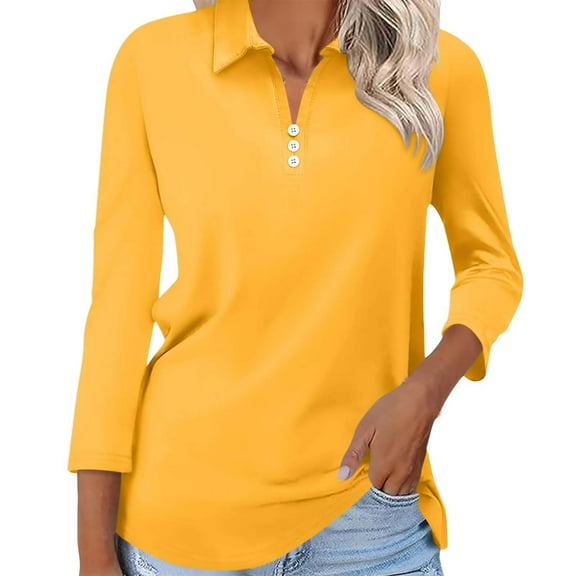 YEJIMAN Blue White Button Down Shirt Women, cotton-like V Neck T Shirts For Women, Women's 3/4 Sleeve Tops V Neck Button Shirts Casual Basic Tees Blouse