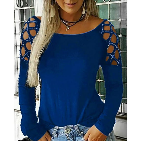 YEJIMAN Blue Womens Tshirts Cotton, Polyeste Shirt Women, Women Fashion Crew Neck Hollow-Out Studded Long Sleeve T Shirts Casual Tops