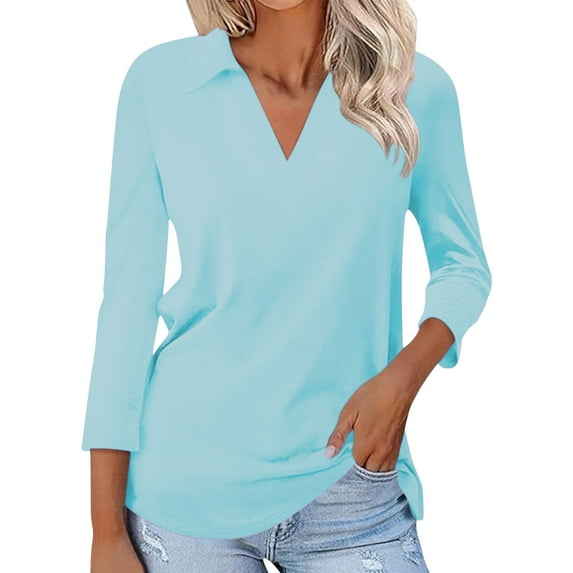 YEJIMAN Blue Womens Tshirts Cotton, Polyester,Spandex Shirt Women, Women's 3/4 Sleeve T Shirts Summer V Neck Shirts Collared Casual Basic Tees Blouse