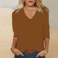 thumbnail image 1 of YEJIMAN Brown Patriotic Shirts For Women, Polyester,Spandex Plus Size Tunic Tops, Women's Summer Solid V Neck 3/4 Sleeve Loose Casual Top, 1 of 1