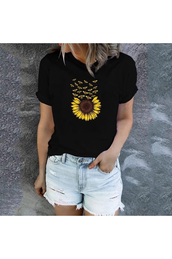 Brown Womens Tshirts Cotton, Mike FIber Shirt Women, Sunflower Shirts for Women Cute Dandelion Graphics Tshirt Summer Women Short Sleeve Tee Tops