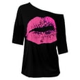 thumbnail image 1 of YEJIMAN Elbow-Length T-shirt, Pink Cute T Shirts, Women's Casual Off Shoulder Shoulder Nostalgic Big Lip Print 80s Clothing Women's Shoulder Medium Sleeved T Shirt Top, Big & Tall, 1 of 3