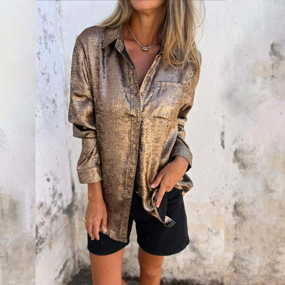 YEJIMAN Gold Cute T Shirts, Polyester,Spandex White Button Down Shirt Women, Women's Satin Silk Blouse Lapel V Neck Long Sleeve Casual Work Blouse Shirts Pullover Tops