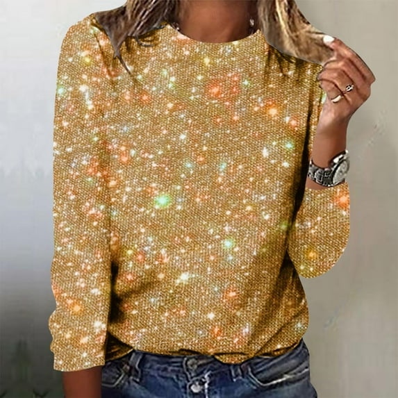 YEJIMAN Gold V Neck T Shirts For Women, High Density Beads Oversized Tshirts For Women, Women's Tops Long Sleeve Women's Long Sleeve Shirt