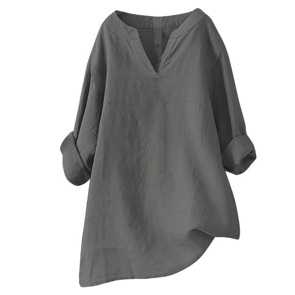 YEJIMAN Gray Shirt Women Trendy, Polyester,cotton Plus Size Tunic Tops For Women, Women's Solid Color Stand up Collar Cotton Linen Long Sleeved Shirt