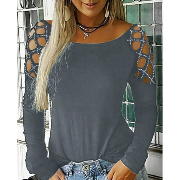 YEJIMAN Gray Usa Shirts For Women, Polyeste Tank Top For Women, Women Fashion Neck Hollow-Out Studded Long Sleeve T Shirts Casual Tops