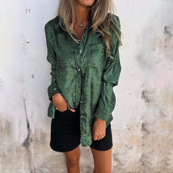 YEJIMAN Green T-Shirts For Women, Polyester,Spandex Usa Shirts For Women, Women's Satin Silk Blouse Lapel V Neck Long Sleeve Casual Work Blouse Shirts Pullover Tops