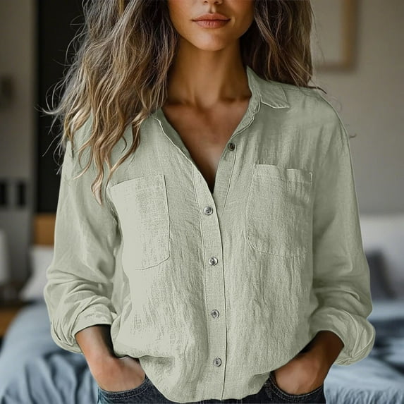 YEJIMAN Green Tank Top For Women, Cotton and linen Womens Shirts, Women's Cotton Linen Button Down Shirt 2025 Spring Casual Long Sleeve Solid Color Shirts Loose Work Tops with Pockets