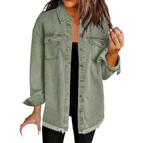 YEJIMAN Green V Neck T Shirts For Women, Polyester,Cotton Oversized Tshirts For Women, Washed Denim Shirt Jacket Fashion Casual Hem Women's Jacket