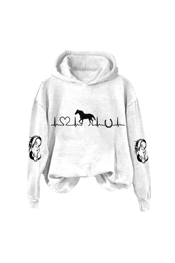 Hoodies for Women Trendy Women's Horse Heartbeat Lover Casual Long Sleeve Sweatshirt Soft Printed Shirt Winter Top Winter Fashion Clothes