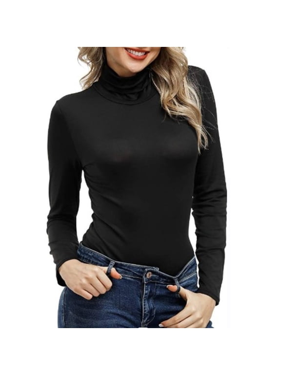 Long Sleeve T-shirt, Black Button Down Shirt Women, Women Mock Turtleneck Long Sleeve Pullover High Neck Tight Fitting Priming T Shirt, Big Tall