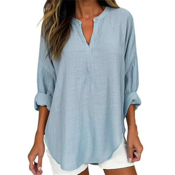 YEJIMAN Long Sleeve T-shirt, Blue Womens Shirts, Women's Pleated Square Neck Long Sleeve Cotton Faux Oversized T Shirt, Big & Tall