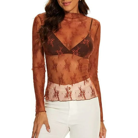YEJIMAN Long Sleeve T-shirt, Brown Cute T Shirts, Mesh Long Sleeve Layered Top Womens Ladies Floral Embroidery Transparent Tight See Through T Shirt Inside Outside Hundred Fashion Trend Shirt,