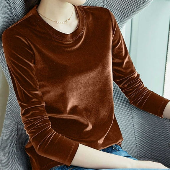 YEJIMAN Long Sleeve T-shirt, Brown Cute T Shirts, Velvet Tops for Women Long Sleeve Round Neck Shirt Blouse Pullove Solid Casual Tee Shirt Trendy Velvet Tops, Big & Tall