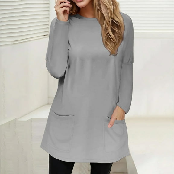 YEJIMAN Long Sleeve T-shirt, Gray Cute T Shirts, Full Size Pocketed Round Neck Long Sleeve T Shirt Women's Spring and Autumn Pocket Round Neck Long Sleeve T Shirt Casual Loose Top, Big & Tall
