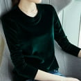 thumbnail image 1 of YEJIMAN Long Sleeve T-shirt, Green Button Down Shirt Women, Velvet Tops for Women Long Sleeve Round Neck Shirt Blouse Pullove Solid Casual Tee Shirt Trendy Velvet Tops, Big & Tall, 1 of 4