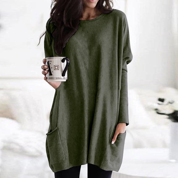 YEJIMAN Long Sleeve T-shirt, Green V Neck T Shirts For Women, Women's Round Neck Long Sleeve Tops Plus Size Shirts Lightweight Sweatshirts Loose Casual Tunic with Pockets Blouses, Big & Tall