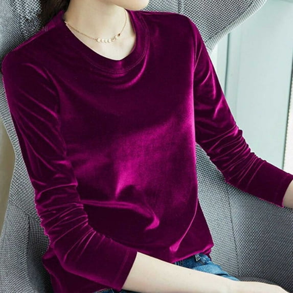 YEJIMAN Pink V Neck T Shirts For Women, Polyester,Spandex Oversized Tshirts For Women, Velvet Tops for Women Long Sleeve Round Neck Shirt Blouse Pullove Solid Casual Tee Shirt Trendy Velvet Tops