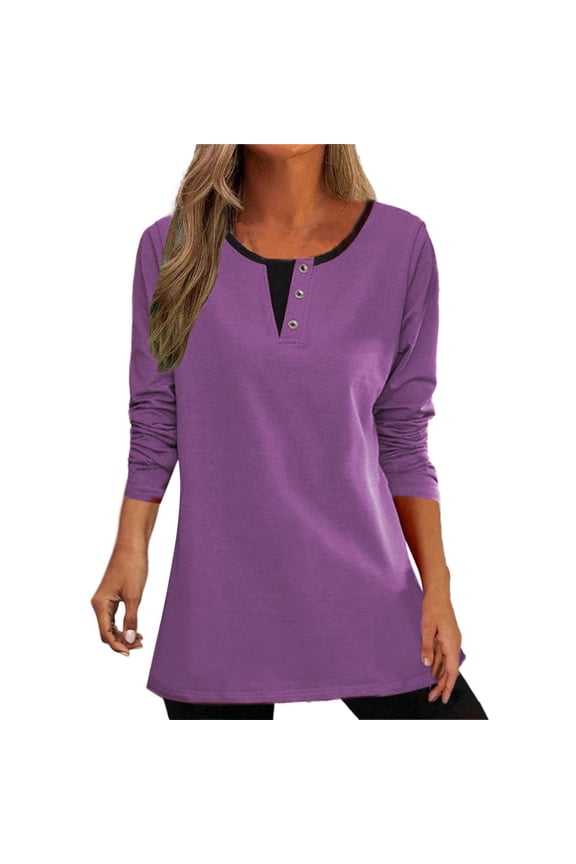 Long Sleeve T-shirt, Purple Oversized Tshirts For Women, Long Sleeved Shirt Women's Clothing 2024 Spring and Summer Western Style Inner Bottoming Shirt Mid Top Clothes, Big & Tall
