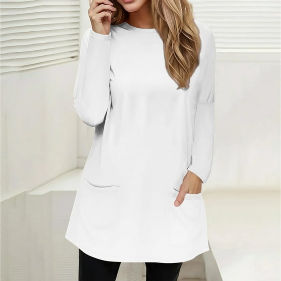 YEJIMAN White Cute T Shirts, Full Size Pocketed Round Neck Long Sleeve T Shirt Women's Spring and Autumn Pocket Round Neck Long Sleeve T Shirt Casual Loose Top
