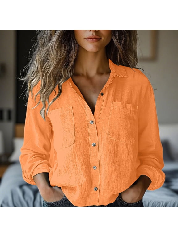 Orange Plus Size Tunic Tops For Women, Women's Cotton Linen Button Down Shirt 2025 Spring Casual Long Sleeve Solid Color Shirts Loose Work Tops with Pockets