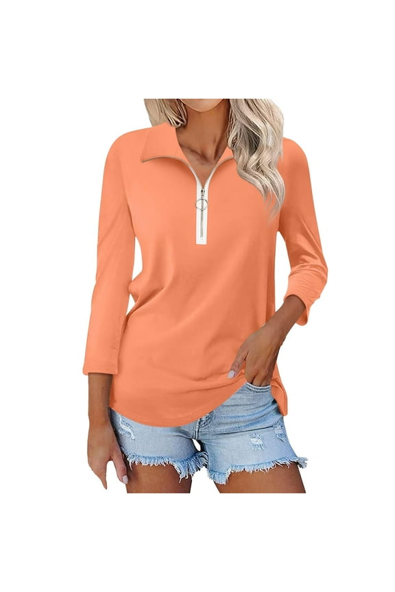Orange V Neck T Shirts For Women, Polyester,Spandex Oversized Tshirts For Women, Women's V Neck 3/4 Sleeve Tops Quarter Zip Collared Shirts Shirts Summer Tees