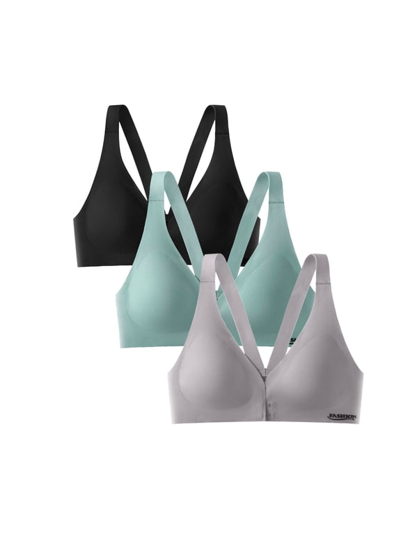 Pack of 3 Women's Front Closure Bra Racerback Plus Size Unlined Underwire Full Coverage Bras, Blue Bikini Underwear For Women, Nylon,Spandex Underwear For Women