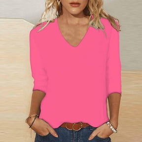 YEJIMAN Pink Cotton Tshirts For Women, Polyester,Spandex Patriotic Shirts For Women, Women's Summer Solid V Neck 3/4 Sleeve Loose Casual Top