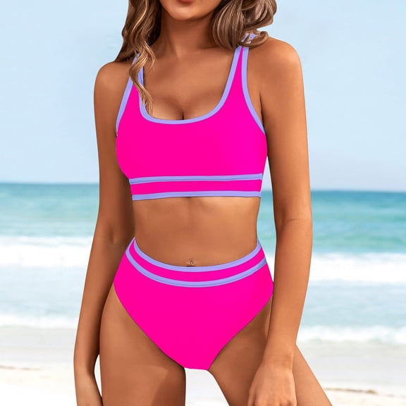 YEJIMAN Pink Plus Size Swimsuit for Women, Nylon,Spandex Clothes That Hide Belly Fat, Women's Two Swimsuit High Waisted Contrasting Colors Bikini Sets Double Shoulder Bathing Suits for 2024, XL
