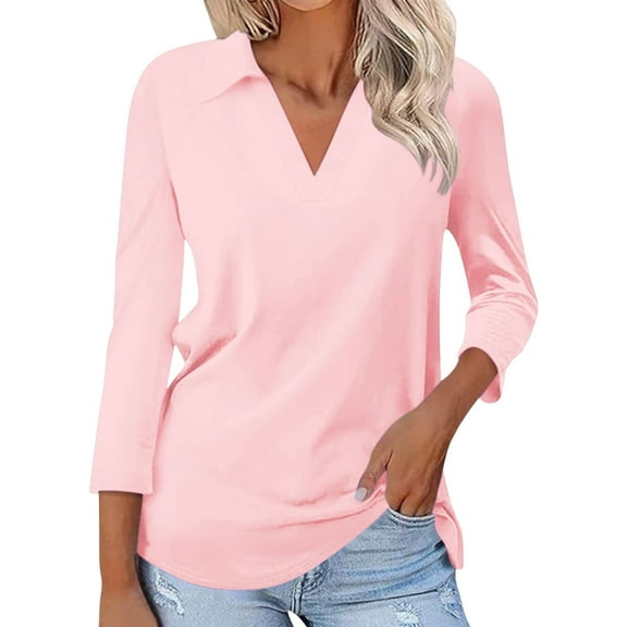 YEJIMAN Pink Plus Size Tunic Tops For Women, Polyester,Spandex Cotton Tshirts For Women, Women's 3/4 Sleeve T Shirts Summer V Neck Shirts Collared Casual Basic Tees Blouse