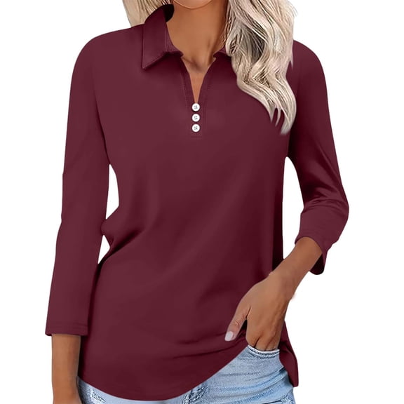 YEJIMAN Pink Plus Size Tunic Tops, cotton-like T-Shirts For Women, Women's 3/4 Sleeve Tops V Neck Button Shirts Casual Basic Tees Blouse