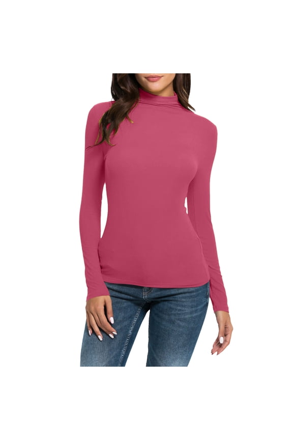 Pink Shirt Women, Polyester,Spandex Plus Size Tunic Tops For Women, Women Casual Long Sleeve Mock Turtleneck Blouse Tops Slim Fit Stretchy Layer Tee Shirts