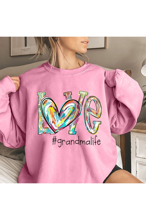 Pink Usa Shirts For Women, Polyester Tank Top For Women, Love Grandma Life Women's Letter Print Crew Neck Long Sleeve Sweatshirt