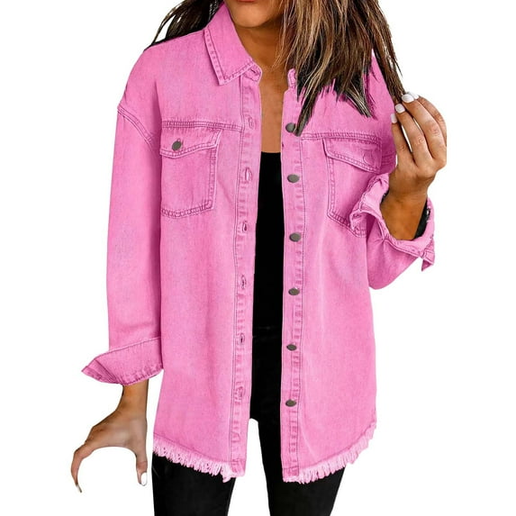 YEJIMAN Pink Plus Size Tunic Tops, Polyester,Cotton T-Shirts For Women, Washed Denim Shirt Jacket Fashion Casual Hem Women's Jacket