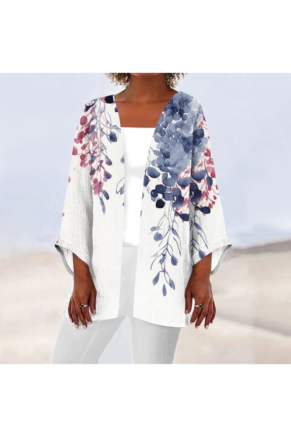 Pink V Neck T Shirts For Women, Nylon,Spandex Oversized Tshirts For Women, Women 2024 Retro Print 3/4 Sleeve Cardigans Lightweight Blouse Tops Coat Casual Duster Jackets