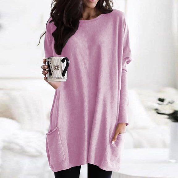 YEJIMAN Pink White Button Down Shirt Women, Women's Round Neck Long Sleeve Tops Plus Size Shirts Lightweight Sweatshirts Loose Casual Tunic with Pockets Blouses