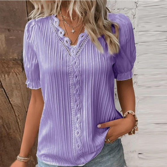 YEJIMAN Purple Patriotic Shirts For Women, Wave Plus Size Tunic Tops, Women Summer Lace V Neck Plain Lace Elegant Shirt Fashion Solid Color Elegant Blouse Short Sleeve Comfy Soft Tee