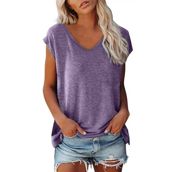 YEJIMAN Purple Plus Size Tunic Tops For Women, Polyester,Spandex,cotton Cotton Tshirts For Women, Women Cap Sleeve Summer Casual Tops V Neck Solid Color Casual Shirts Loose Fit Blouse