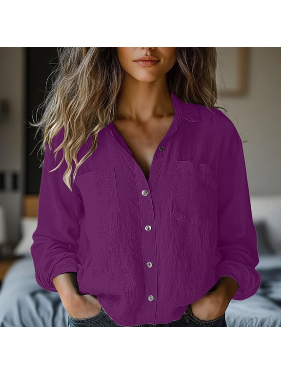 Purple Shirt Women, Cotton and linen Plus Size Tunic Tops For Women, Women's Cotton Linen Button Down Shirt 2025 Spring Casual Long Sleeve Solid Color Shirts Loose Work Tops with Pockets